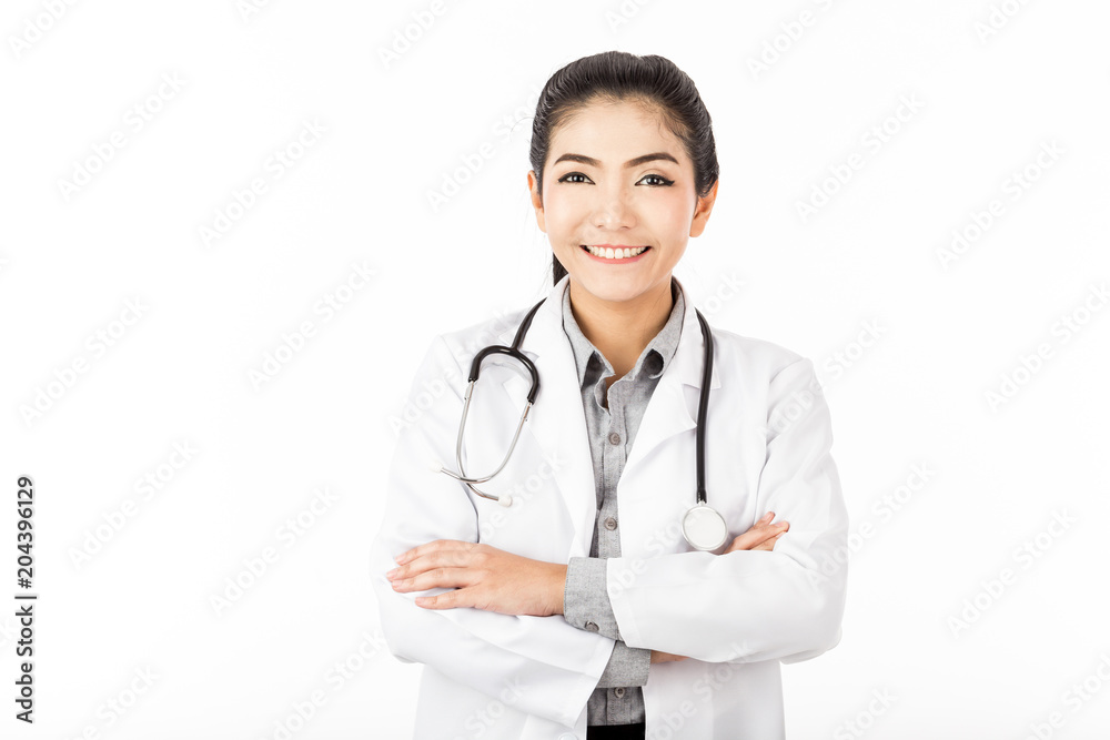 Beautiful Attractive Asian doctor woman in gown with stethoscope smile and cross arm feeling so happiness and confident,Isolated on white background,Healthcare and Medical Concept Beautiful Attractive Asian doctor woman in gown with stethoscope smile and cross arm feeling so happiness and confident,Isolated on white background,Healthcare and Medical Concept