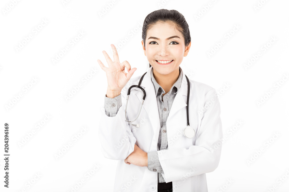 Beautiful Attractive Asian doctor woman smile and showing okay hand sign feeling so happiness and confident,Isolated on white background,Healthcare Concept