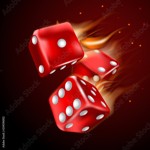 Dices set with flame on dark background