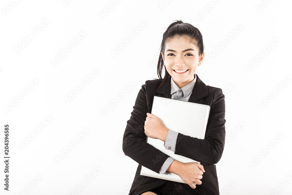 Beautiful Attractive Asian Business woman smile and holding laptop feeling so happiness and cheerful,Isolated on white background,Business Concept