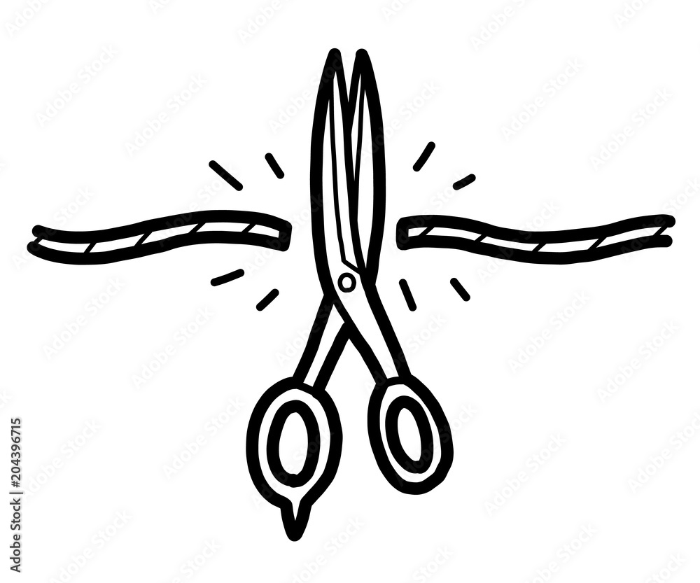rope cut with scissors / cartoon vector and illustration, black and