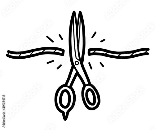 rope cut with scissors / cartoon vector and illustration, black and white, hand drawn, sketch style, isolated on white background.