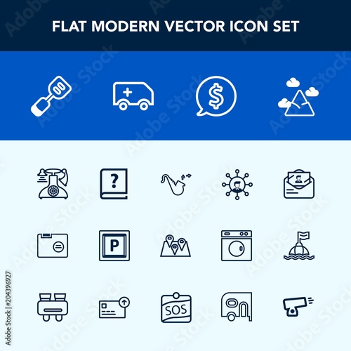Modern, simple vector icon set with folder, location, landscape, street, old, price, nature, transport, post, label, white, phone, communication, telephone, book, office, car, paper, envelope icons