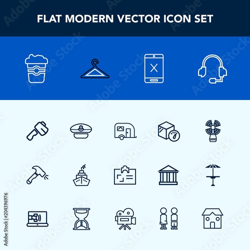 Modern, simple vector icon set with , axe, headset, tool, business, package, transportation, box, hat, technology, mug, coffee, shovel, cancel, hanger, call, cafe, identity, drink, connection icons