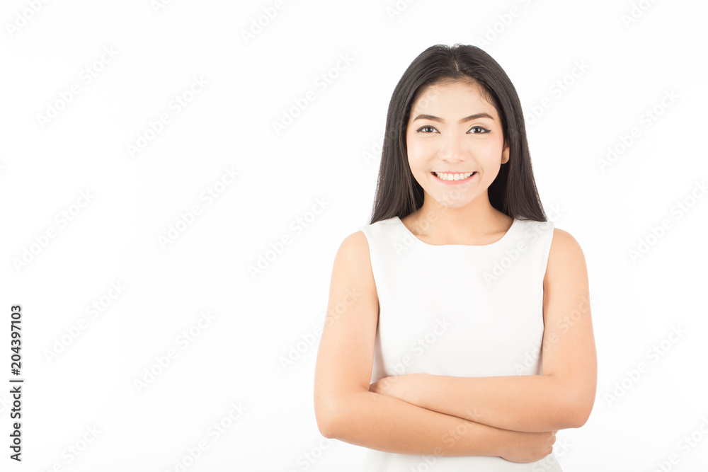 Beautiful Attractive Asian young woman with long hair smile and cross arm feeling so happiness and confident,Isolated on white background,Beauty concept Beautiful Attractive Asian young woman with long hair smile and cross arm feeling so happiness and confident,Isolated on white background,Beauty concept