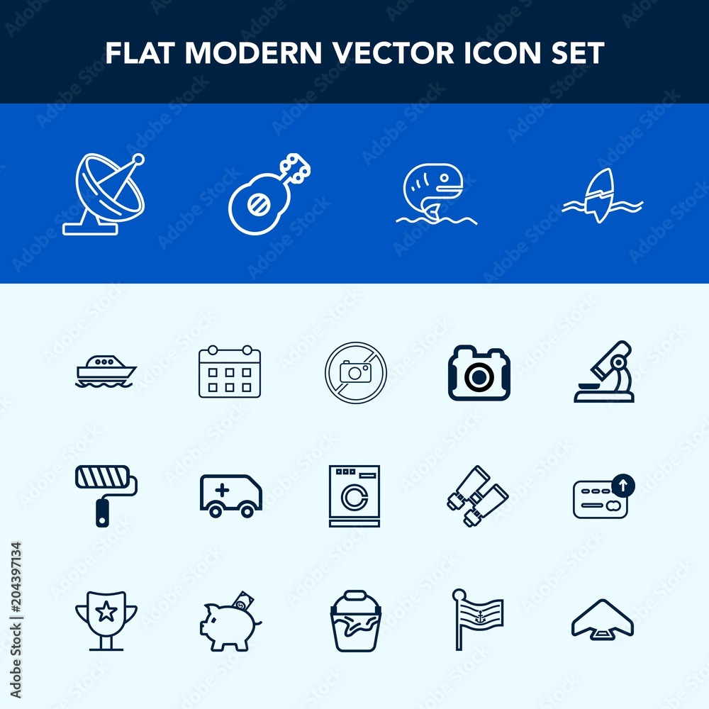 Modern, simple vector icon set with car, day, food, washer, roller, surfer, photographer, roll, medical, appliance, tool, communication, housework, dish, camera, boat, machine, sign, biology icons