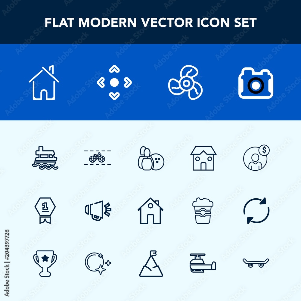 Modern, simple vector icon set with estate, award, place, accounting, wheel, real, ship, technology, loud, house, business, ball, home, loudspeaker, fan, account, photographer, sound, building icons Modern, simple vector icon set with estate, award, place, accounting, wheel, real, ship, technology, loud, house, business, ball, home, loudspeaker, fan, account, photographer, sound, building icons