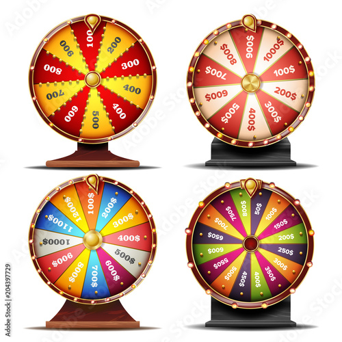Wheel Of Fortune Set Vector. Gamble Chance Leisure. Win Fortune Roulette. Colorful Wheel. Spinning Lucky Roulette. Isolated On White Background Illustration