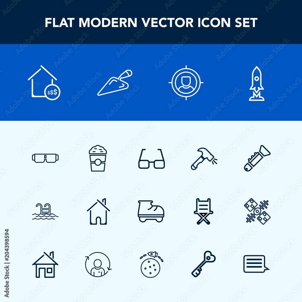 Modern, simple vector icon set with target, cup, price, business, craft, rocket, pool, white, beautiful, sun, property, trumpet, drink, sunglasses, bugle, marketing, customer, eye, water, space icons