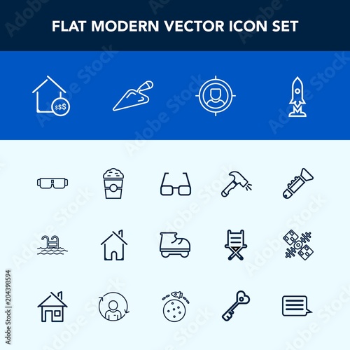 Modern, simple vector icon set with target, cup, price, business, craft, rocket, pool, white, beautiful, sun, property, trumpet, drink, sunglasses, bugle, marketing, customer, eye, water, space icons