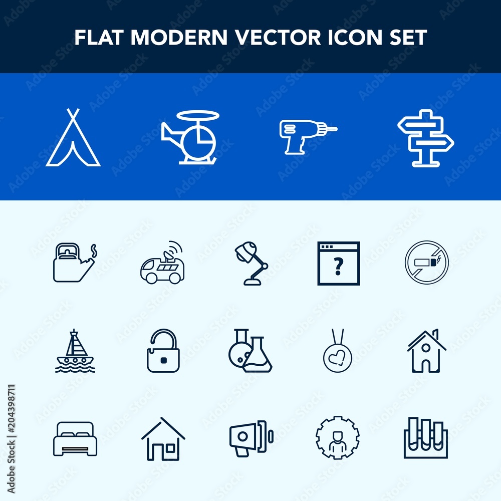 Modern, simple vector icon set with drill, electricity, steam, hanger, no, kettle, yacht, light, tool, addiction, tent, tobacco, lamp, car, adventure, page, outdoor, kitchen, sea, laboratory icons Modern, simple vector icon set with drill, electricity, steam, hanger, no, kettle, yacht, light, tool, addiction, tent, tobacco, lamp, car, adventure, page, outdoor, kitchen, sea, laboratory icons