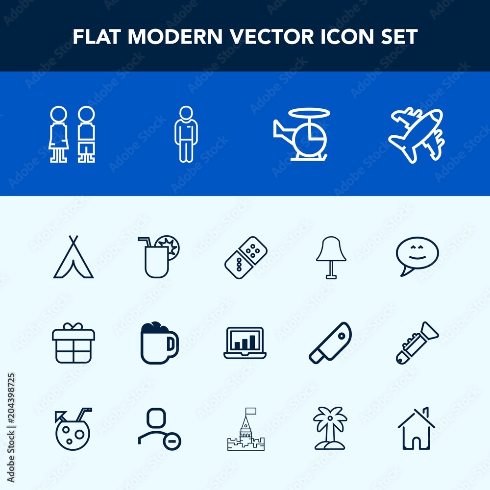 Modern, simple vector icon set with game, helicopter, electricity, plane, transport, domino, gift, girl, chat, cafe, glass, light, coffee, drink, white, message, outdoor, decoration, laptop, row icons