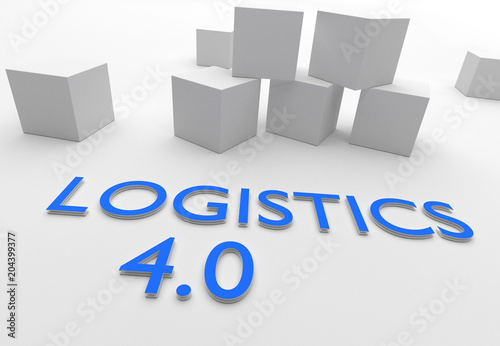 Logistics 4.0, words in blue letters in white setting with cubes, 3D rendering