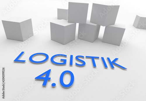 Logistik 4.0 (German for Logistics 4.0), words in blue letters in white setting with cubes, 3D rendering
