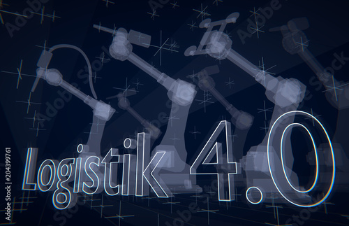 Logistik 4.0 (German for Logistics 4.0), words in transparent letters on blue industrial background, 3D rendering