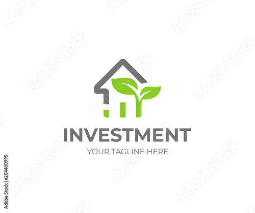 Property investment logo template. House and growth graph with sprout vector design. Investing in real estate logotype