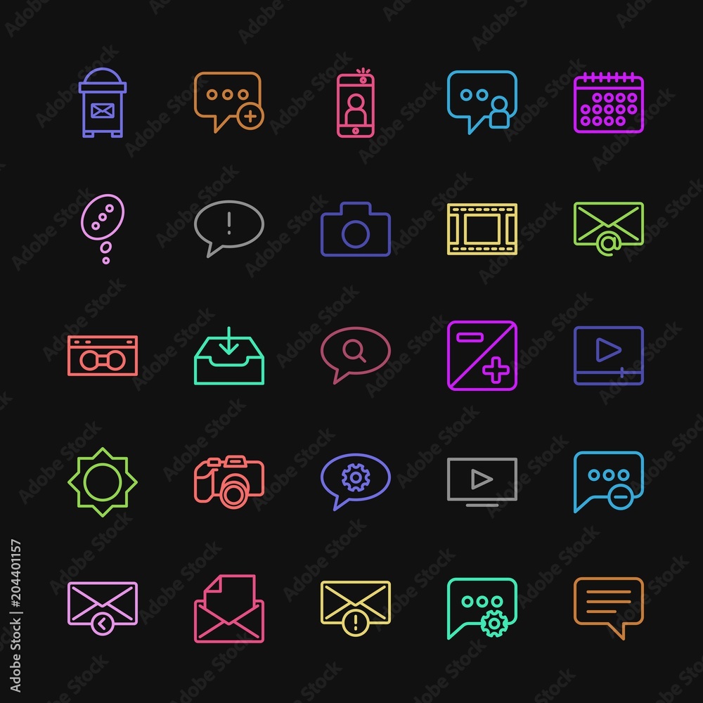 Modern Simple Colorful Set of chat and messenger, video, photos, email Vector outline Icons. Contains such Icons as red, month, open, post and more on dark background. Fully Editable. Pixel Perfect Modern Simple Colorful Set of chat and messenger, video, photos, email Vector outline Icons. Contains such Icons as red, month, open, post and more on dark background. Fully Editable. Pixel Perfect