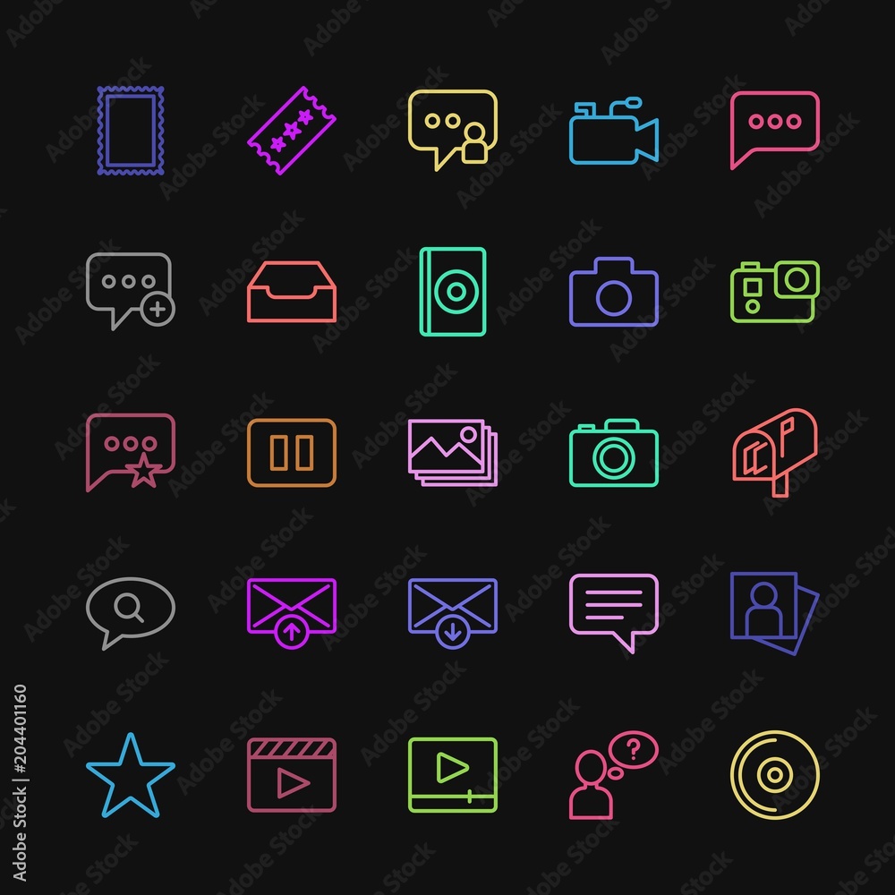 Modern Simple Colorful Set of chat and messenger, video, photos, email Vector outline Icons. Contains such Icons as television, stop, disc and more on dark background. Fully Editable. Pixel Perfect Modern Simple Colorful Set of chat and messenger, video, photos, email Vector outline Icons. Contains such Icons as television, stop, disc and more on dark background. Fully Editable. Pixel Perfect