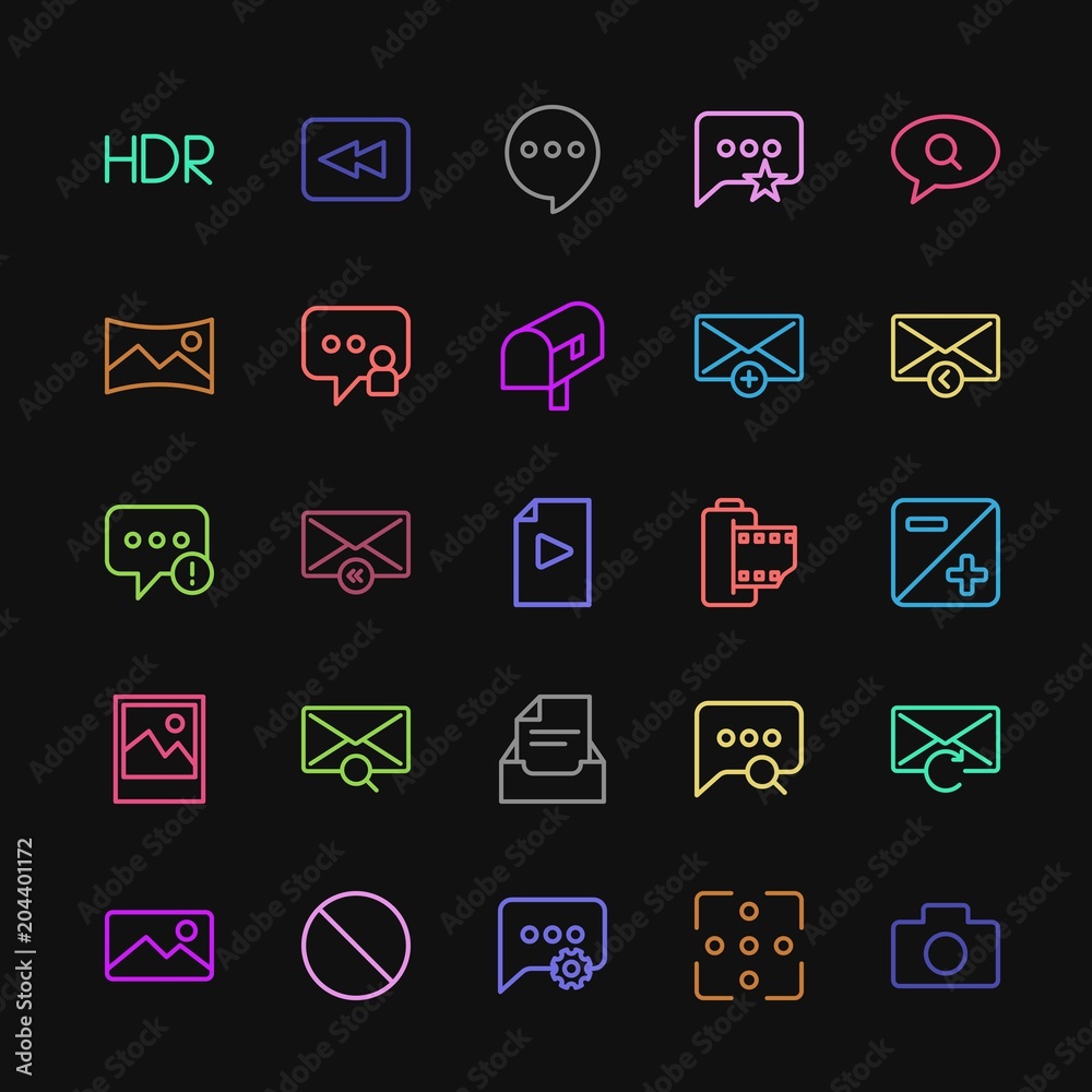 Modern Simple Colorful Set of chat and messenger, video, photos, email Vector outline Icons. Contains such Icons as scroll, favorite, reply and more on dark background. Fully Editable. Pixel Perfect Modern Simple Colorful Set of chat and messenger, video, photos, email Vector outline Icons. Contains such Icons as scroll, favorite, reply and more on dark background. Fully Editable. Pixel Perfect