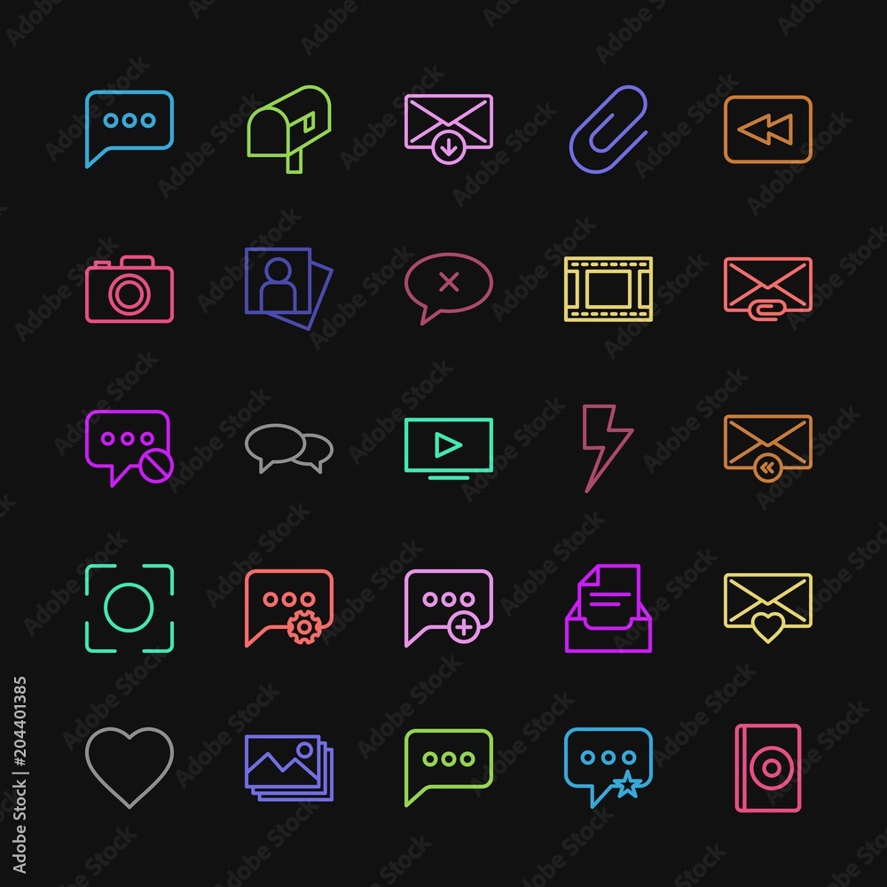 Modern Simple Colorful Set of chat and messenger, video, photos, email Vector outline Icons. Contains such Icons as archive, image, music and more on dark background. Fully Editable. Pixel Perfect Modern Simple Colorful Set of chat and messenger, video, photos, email Vector outline Icons. Contains such Icons as archive, image, music and more on dark background. Fully Editable. Pixel Perfect