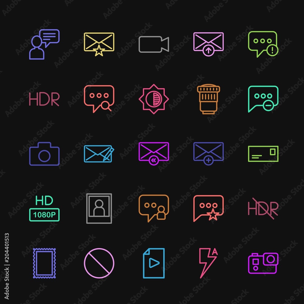 Modern Simple Colorful Set of chat and messenger, video, photos, email Vector outline Icons. Contains such Icons as alert, video, message and more on dark background. Fully Editable. Pixel Perfect Modern Simple Colorful Set of chat and messenger, video, photos, email Vector outline Icons. Contains such Icons as alert, video, message and more on dark background. Fully Editable. Pixel Perfect