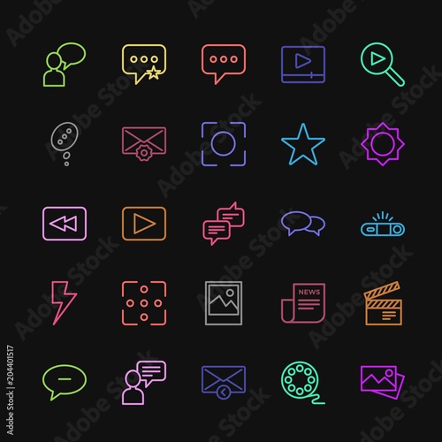 Modern Simple Colorful Set of chat and messenger, video, photos, email Vector outline Icons. Contains such Icons as sms,  web,  mail,  cinema and more on dark background. Fully Editable. Pixel Perfect