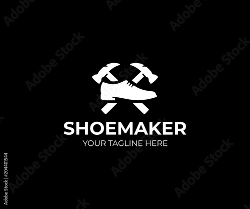 Shoemaker logo template. Shoe repair vector design. Male shoe and hammer logotype