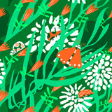 Background in decorative hand drawn style with insects and flowers. Vector illustration for surface design