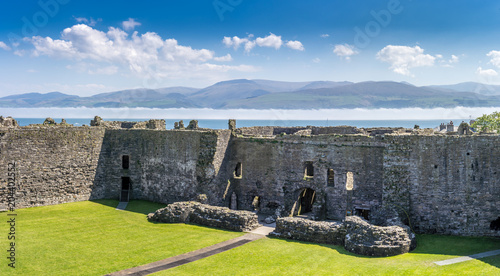 Menai Straits with low mist viewed from inside Beaumaris castle, anglesey north Wales, UK.