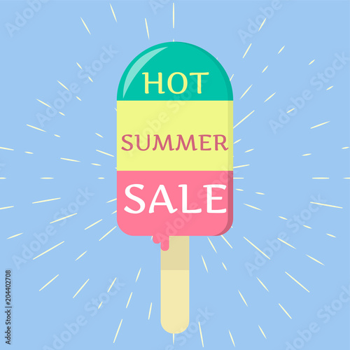 Striped ice cream on the background of the rays. Summer Sale. Flat , vector illustration.