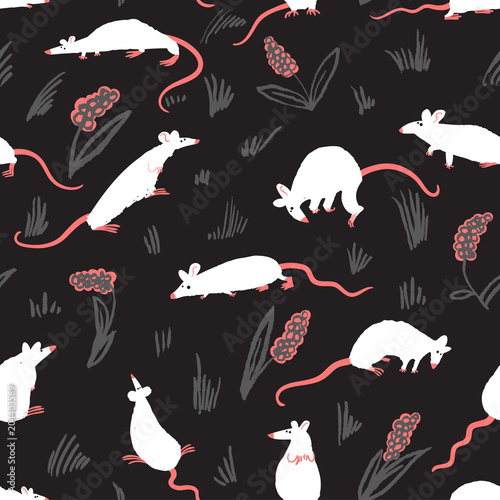 Seamless pattern with rats. Cute hand drawn background with cute rodents on the meadow.