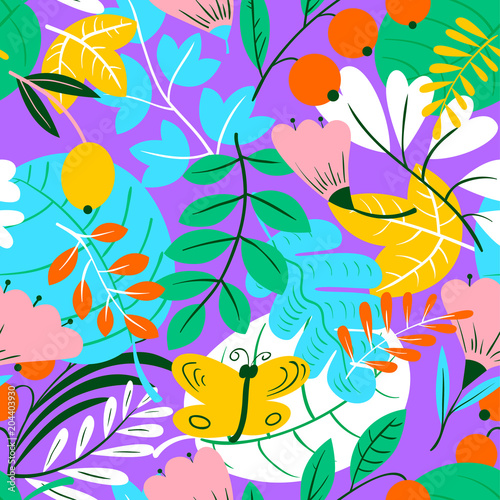 Floral seamless pattern. Background with flowers and leaves. Vector illustration with natural objects