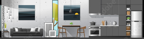 House interior section panorama background including living room , dining room and kitchen , vector , illustration