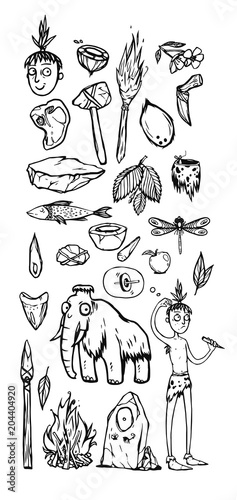 Prehistoric life of the caveman in Stone Age. A set of icons, stickers. Things, animals and one man from Stone Age life. Cartoon doodle illustration. Black and white. can be used for coloring.