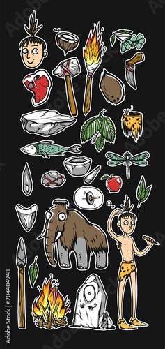 Prehistoric life of the caveman in Stone Age. A set of icons, stickers. Things, animals and one man from Stone Age life. Cartoon doodle illustration.