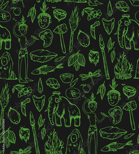 Seamless texture with prehistoric life of the caveman in Stone Age. Repeating background. Tile pattern.