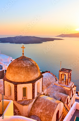 Church and Aegean sea at sundown