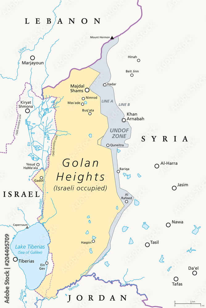 Golan Heights. political map with borders, important places, rivers and