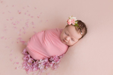 newborn girl. newborn photo shoot. newborn in pink on a pink background in the colors of the blossoms
