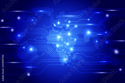 Circuit Board Communication Technology Innovation Concept Vector Background. Blue Hi Tech Dots World Map Texture Pattern Idea.