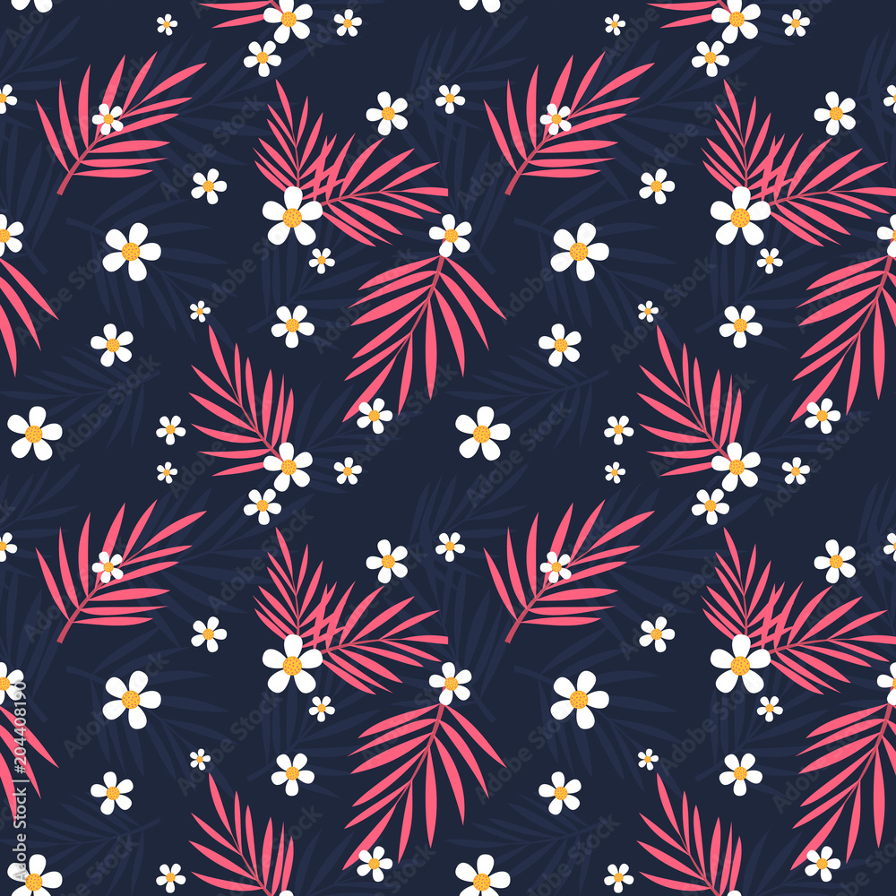 Tropical pink leaves and white flowers seamless pattern