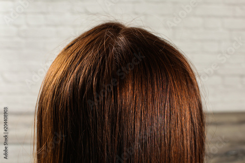 Photography Detail on natural dark brown woman hair see from behind.
