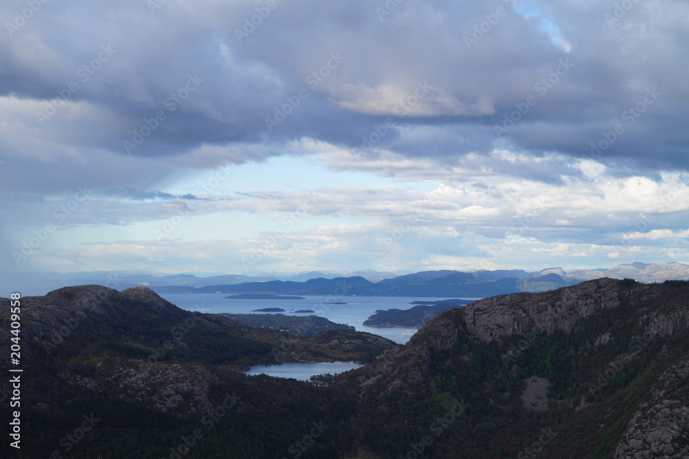 Panorama from the top of Dalsnuten to the fjords and mountain lake