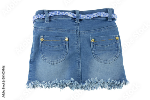 Back view of fashionable blue jeans skirt for children.