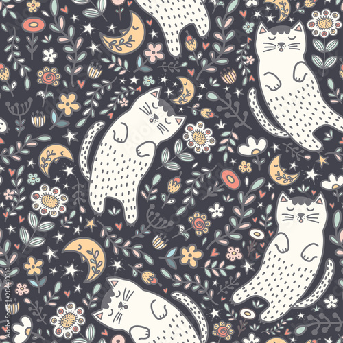 Adorable seamless pattern with a cute cat sleeping in the plants. Good night background. Vector illustration