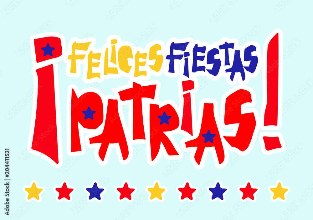 Flat fiestas patrias design card with text fiestas patrias in Colombia national state flag colors Vintage grunge torn paper style.