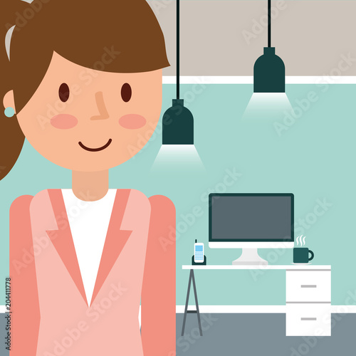 businesswoman portrait cartoon in the office computer desk vector illustration