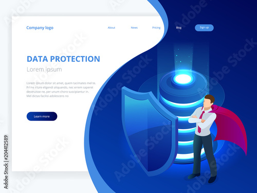Isometric database protection concept. Server room rack, database security, shield server unit, computing digital technology. Internet equipment industry. Network telecommunication server.