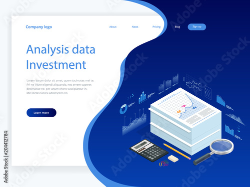 Isometric Analysis data and Investment. Stack of documents with an official stamp and pencils in a glass. A method for working in the office. Bureaucracy concept. Flat style vector illustration