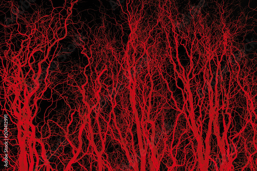 Red curved lines of trees similar to veins or fire rivers